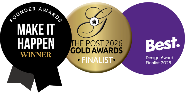 Three award badge graphics on a white background: a black ribbon badge reading 'FOUNDER AWARDS MAKE IT HAPPEN WINNER,' a gold circular badge reading 'THE POST 2026 GOLD AWARDS FINALIST,' and a purple circular badge reading 'Best. Design Award Finalist 2026.