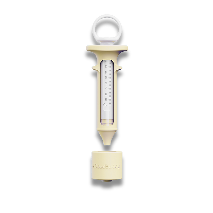 DoseBuddy 10ml reusable medicine syringe in butter yellow, shown upright with its silicone medicine bottle cap